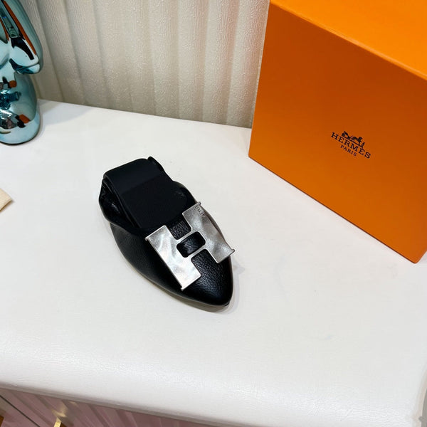 H-BUCKLE BALLLET FLAT BLACK CALFSKIN