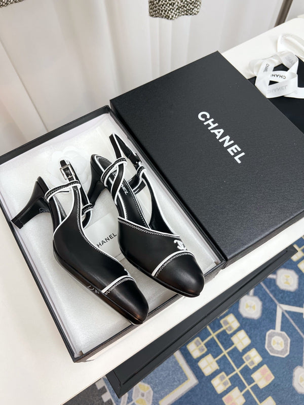 CC Slingback Heels With White Contrast Stitching Black Lambskin 476710