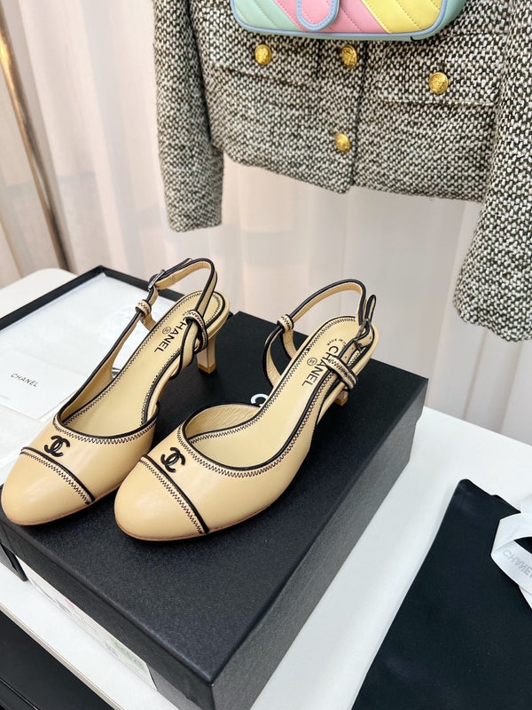 CC Slingback Heels With Black Contrast Stitching Beige Lambskin 476711