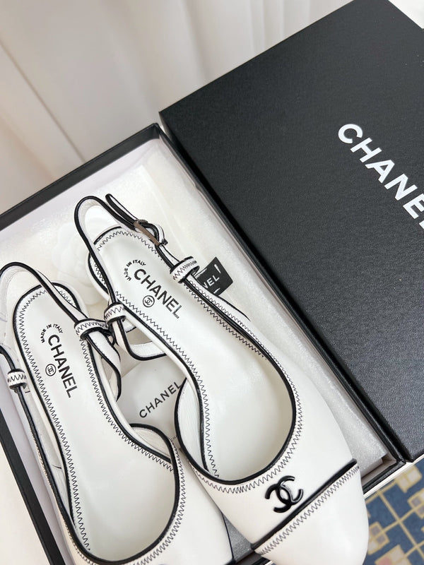 CC Slingback Heels With Black Contrast Stitching White Lambskin 476712