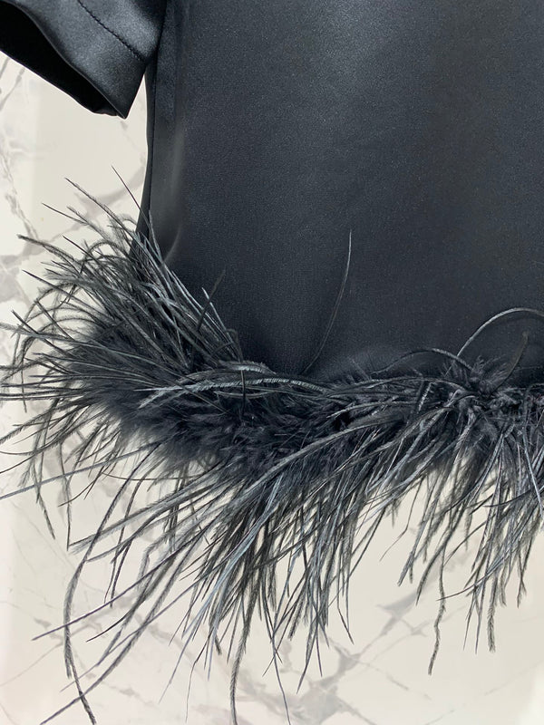 Miu Miu Ostrich Feather Dress Black Acetate Satin Fabric