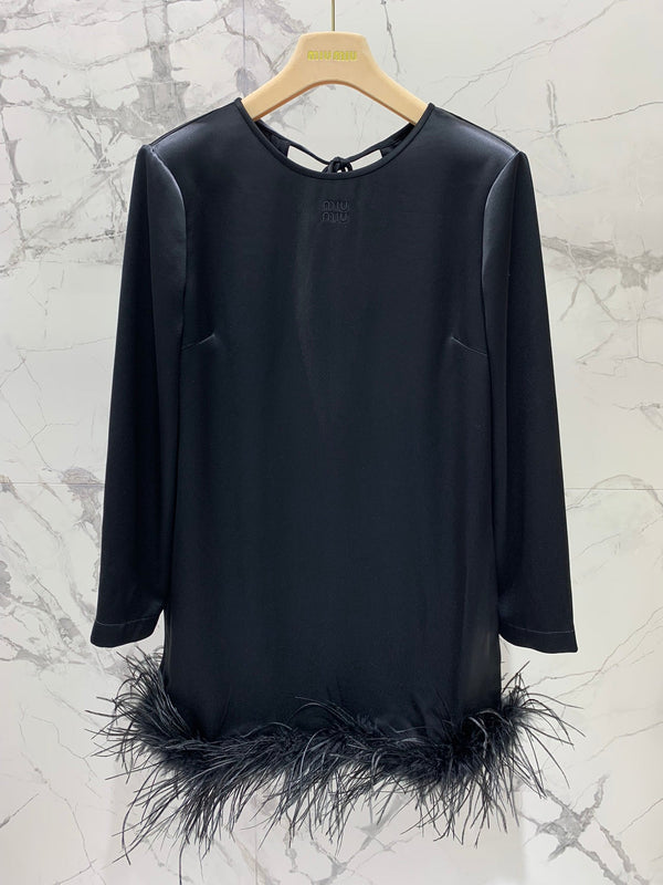 Miu Miu Ostrich Feather Dress Black Acetate Satin Fabric