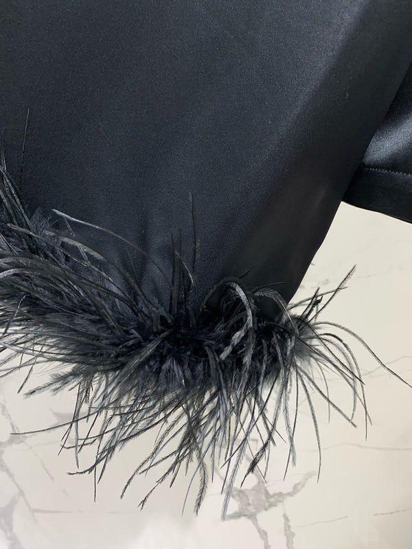 Miu Miu Ostrich Feather Dress Black Acetate Satin Fabric