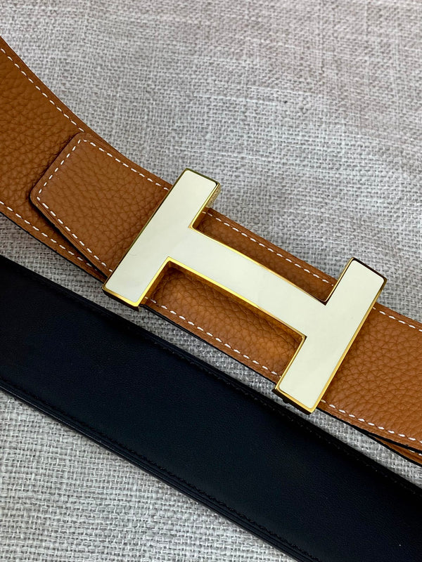 HM CONSTANCE BELT BUCKLE & REVERSIBLE TAWNY BROWN LEATHER STRAP 38MM GOLD HARDWARE