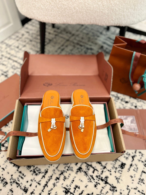 Loro Piana Carrot White Suede Charms Walk Flat Mules