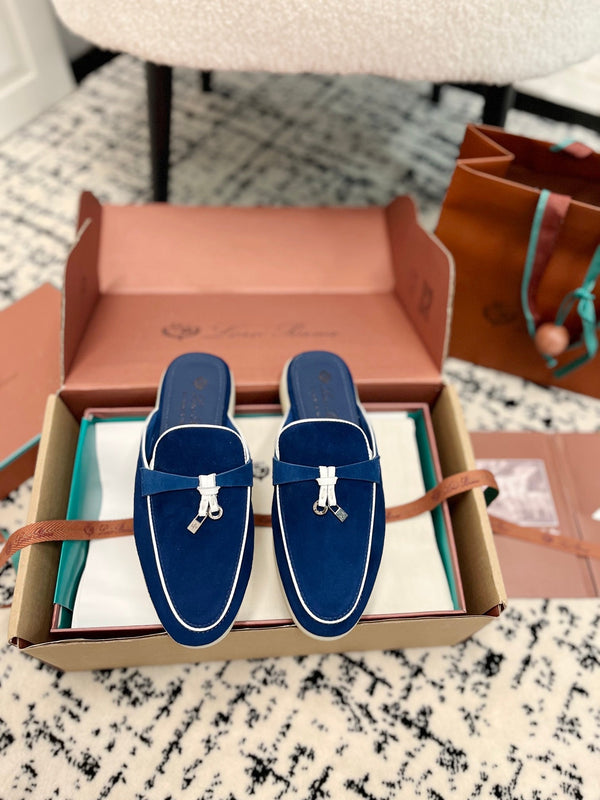 Loro Piana Dark Blue White Suede Charms Walk Flat Mules
