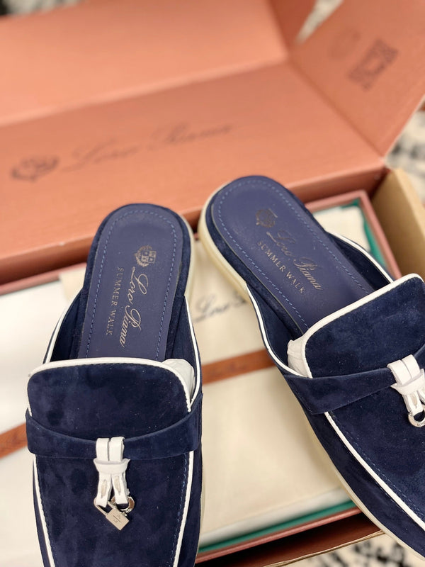 Loro Piana Navy White Suede Charms Walk Flat Mules