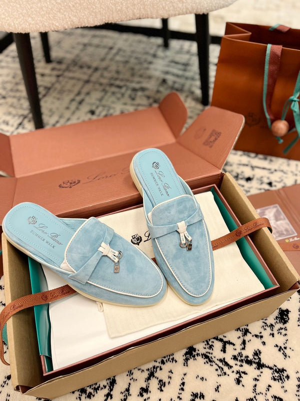 Loro Piana Blue Sky White Suede Charms Walk Flat Mules