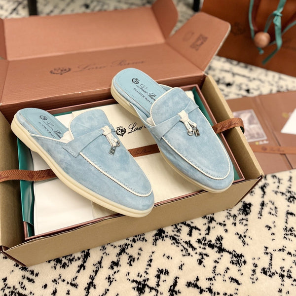 Loro Piana Blue Sky White Suede Charms Walk Flat Mules
