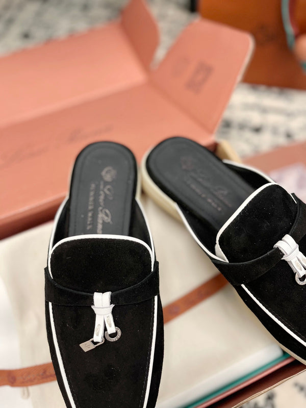 Loro Piana Black White Suede Charms Walk Flat Mules