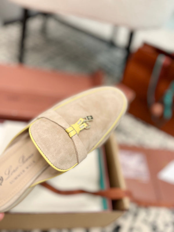 Loro Piana Beige Yellow Suede Charms Walk Flat Mules