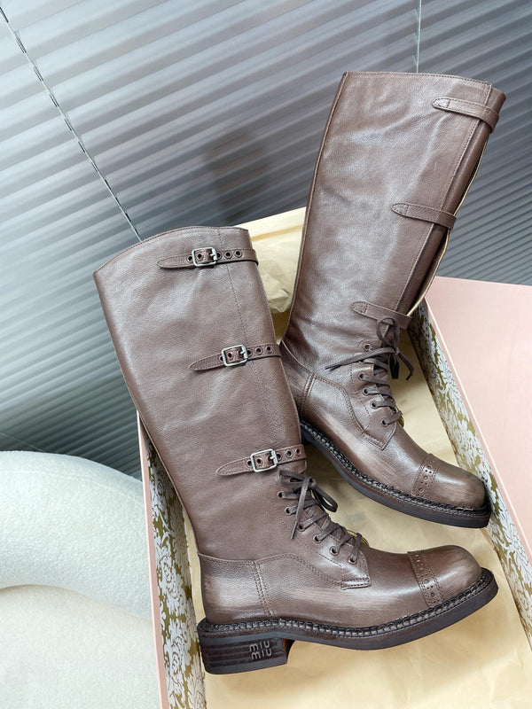 Miu High Boots Brown Soluble In Water Calfskin