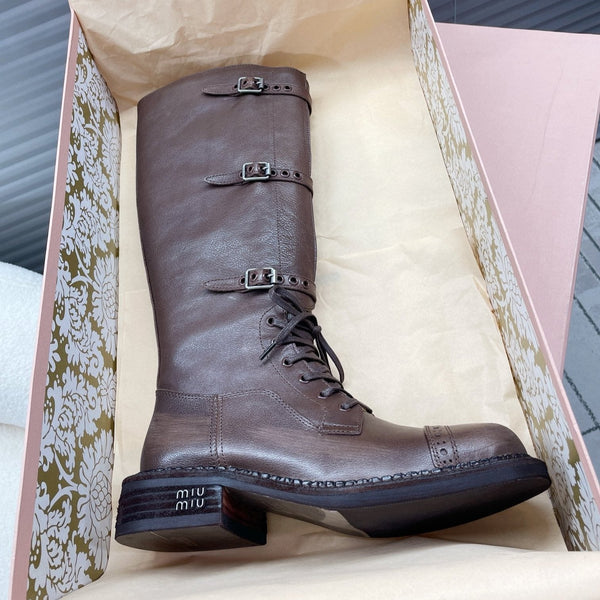Miu High Boots Brown Soluble In Water Calfskin