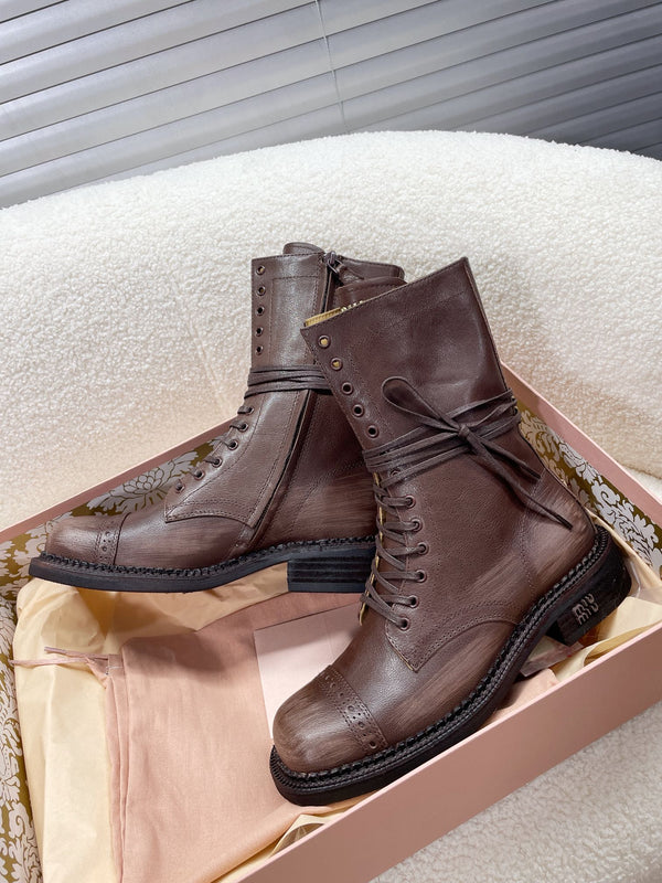 Miu Short Boots Brown Soluble In Water Calfskin
