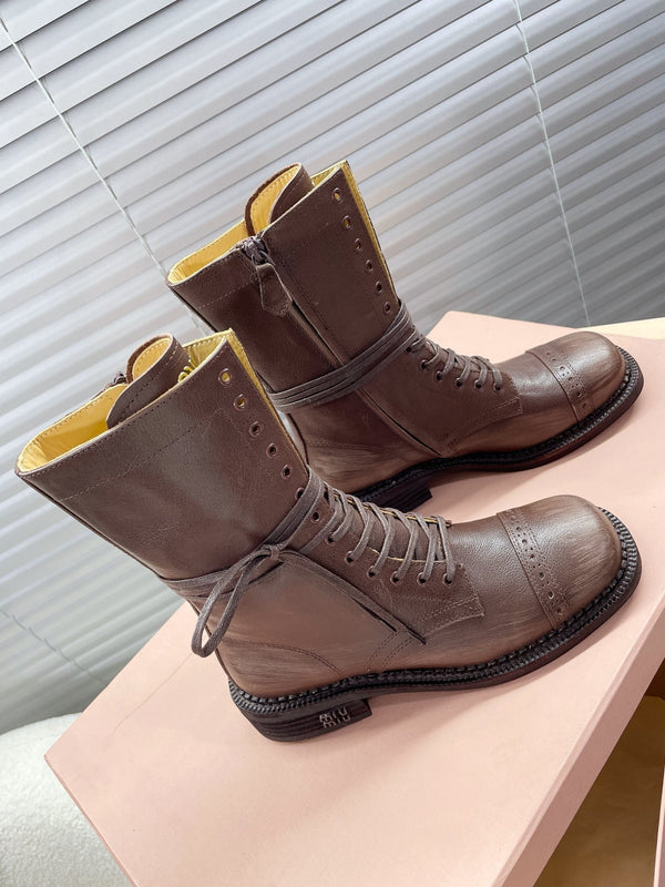 Miu Short Boots Brown Soluble In Water Calfskin