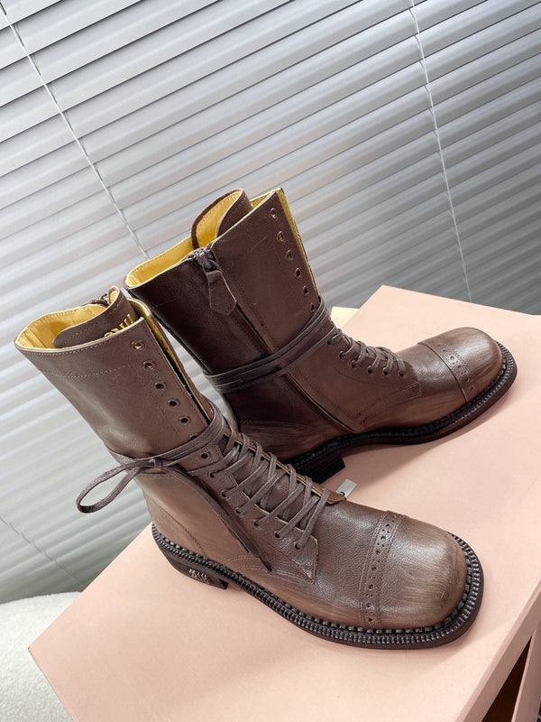 Miu Short Boots Brown Soluble In Water Calfskin