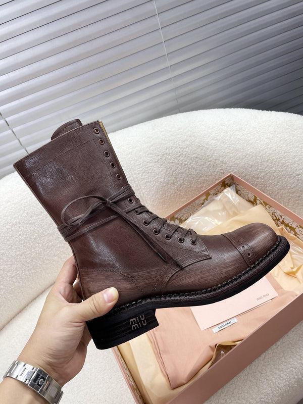 Miu Short Boots Brown Soluble In Water Calfskin