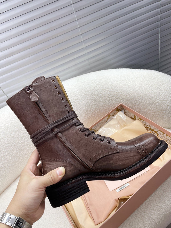 Miu Short Boots Brown Soluble In Water Calfskin