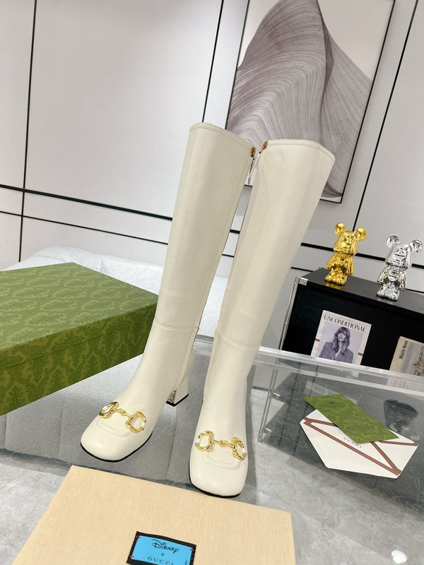 Gucci Horsebit Square Toe Mid-heeled Ankle High Boots White Cowhide 490538