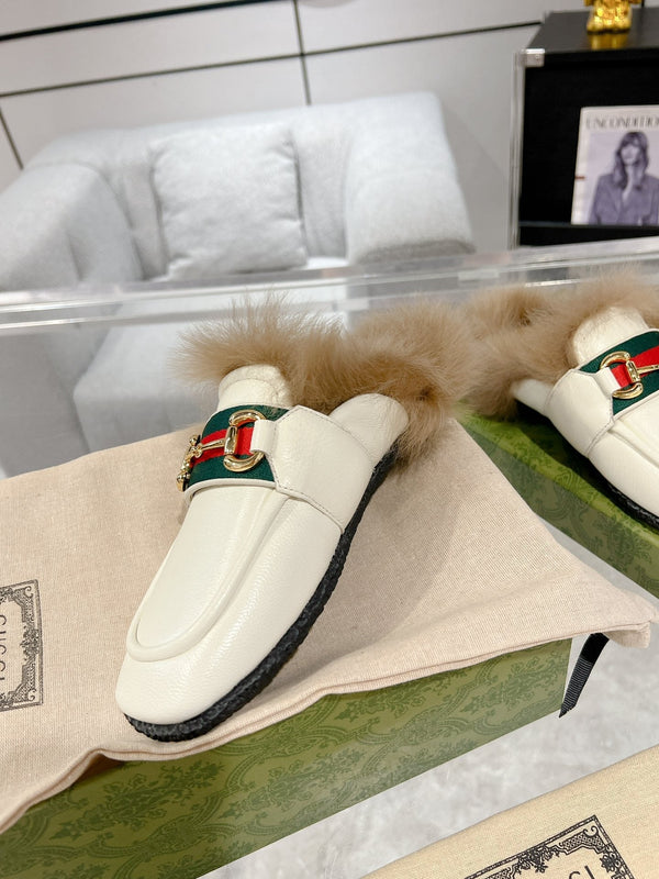 HORSEBIT MULE WITH WEB IN WHITE CALFSKIN MIX MINK FUR