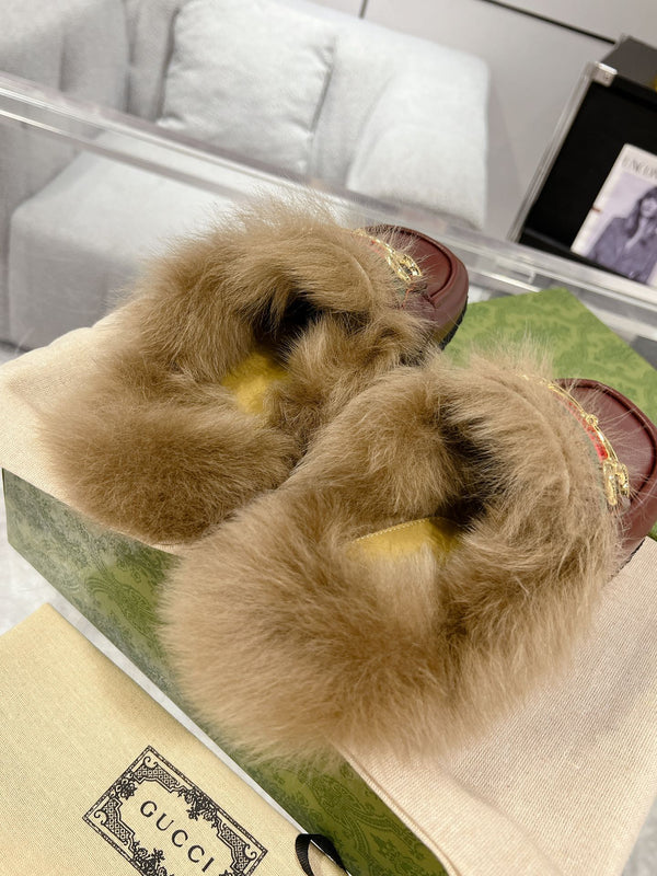 HORSEBIT MULE WITH WEB IN WINE RED CALFSKIN MIX MINK FUR