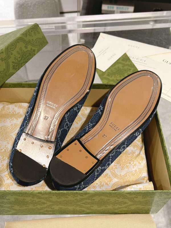 MEN'S LOAFER WITH HORSEBIT IN DENIM BLUE MONOGRAM JACQUARD FABRIC