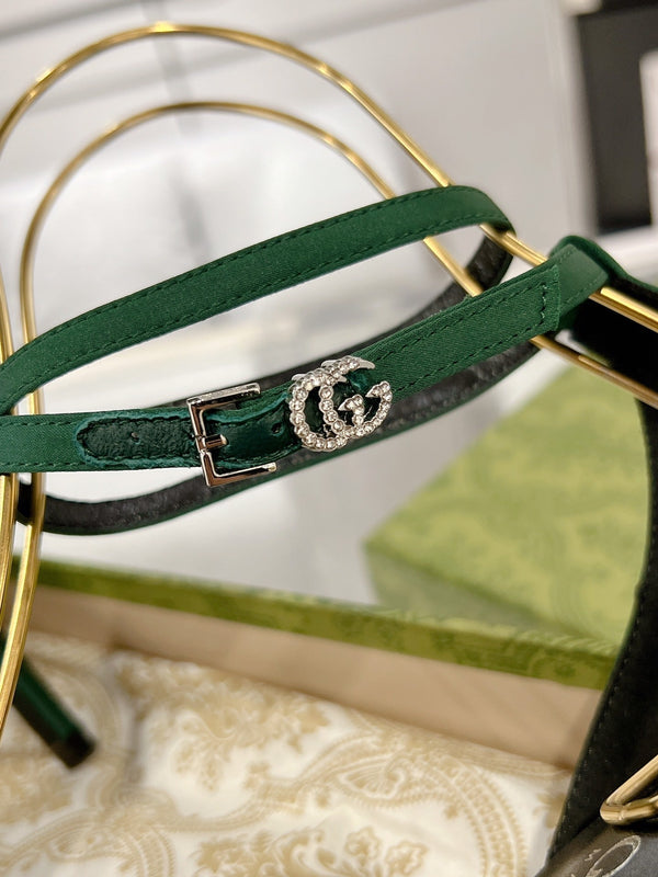 GG CRYSTAL ASTLETON GREEN HIGH HEEL SANDALS SATIN