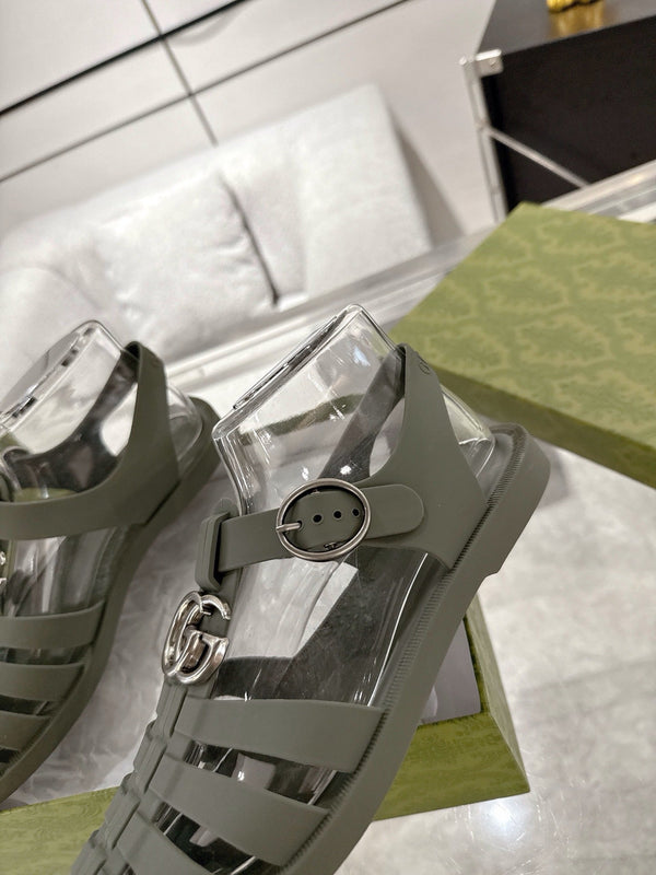 GC 25 Silver Double G Sandal Dark Green Rubber 292429