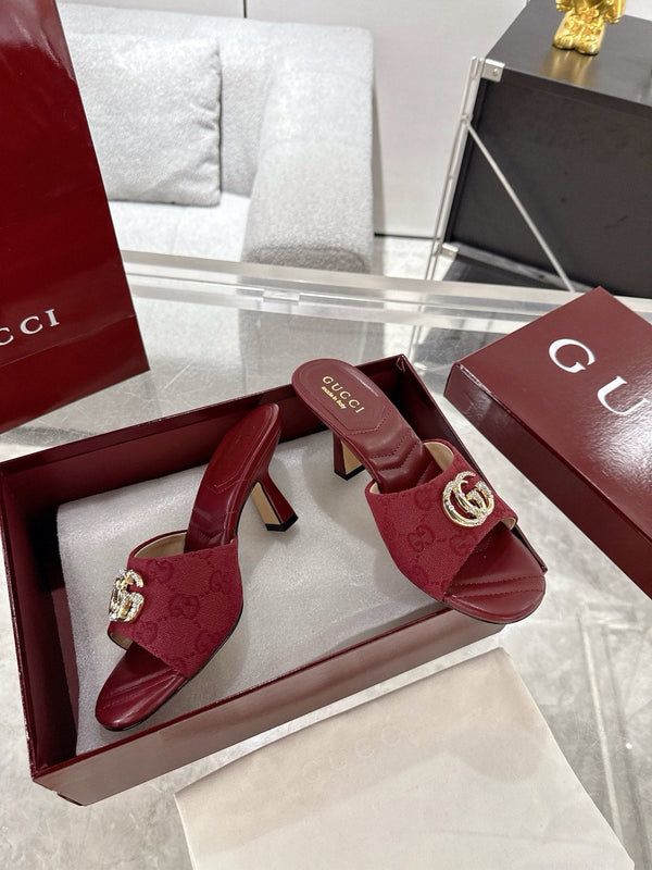 GC 2025 Double G High Heel Sandals Red Canvas Sheepskin 292467