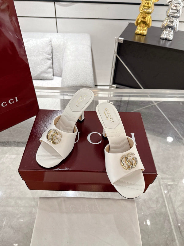 GC 2025 Double G High Heel Sandals White Sheepskin 292468