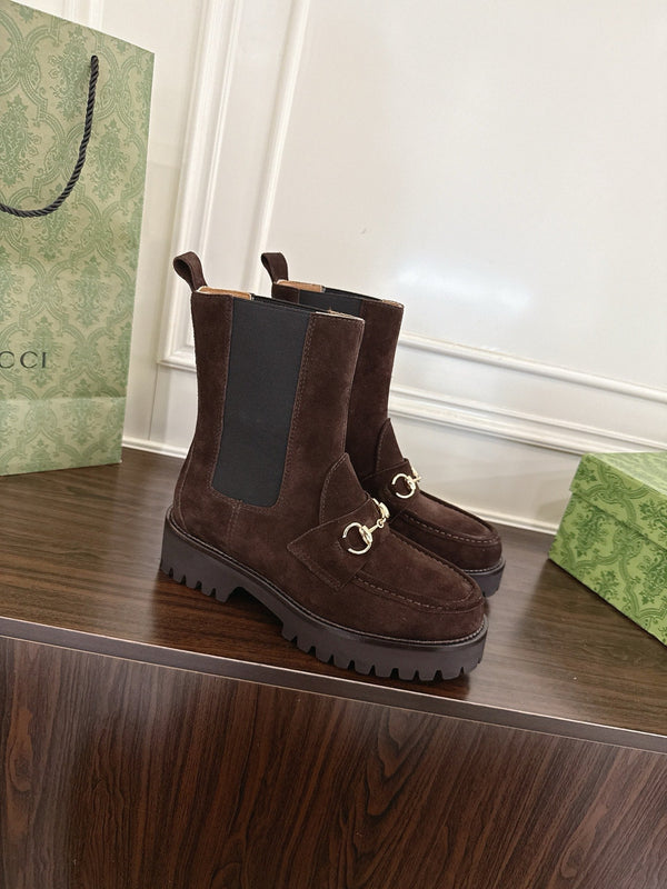 Gucci Horsebit Ankle Boots Dark Brown Black Suede Sheepskin 490527