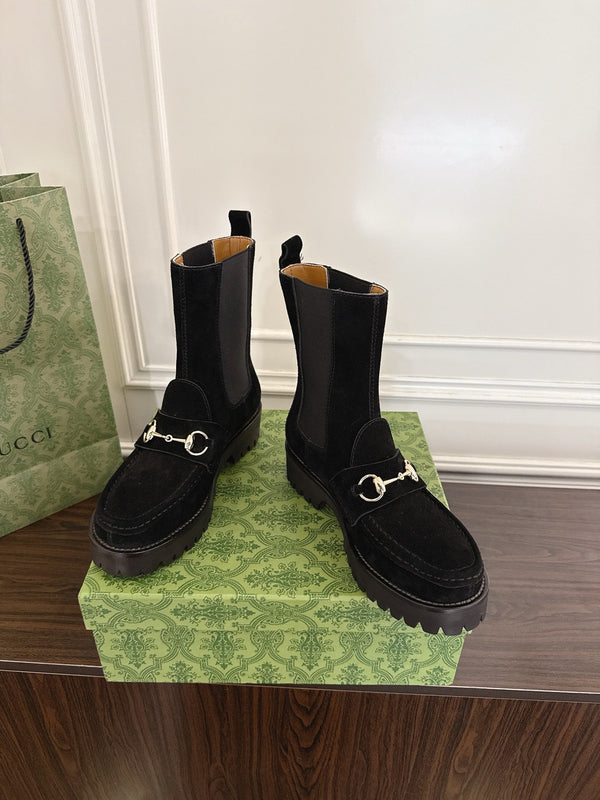 Gucci Horsebit Ankle Boots Black Suede Sheepskin 490528