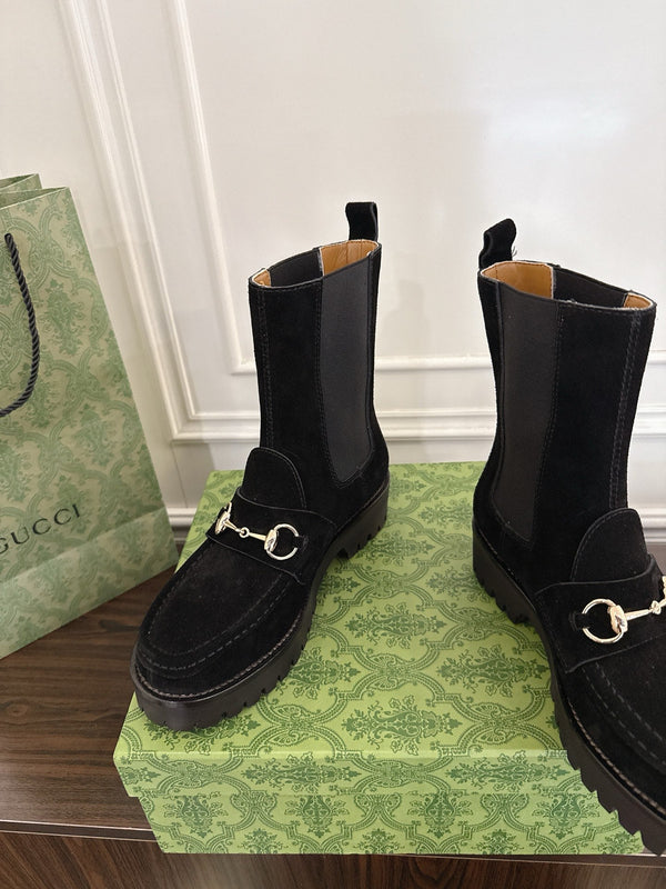 Gucci Horsebit Ankle Boots Black Suede Sheepskin 490528