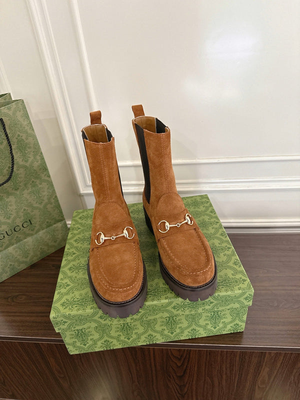 Gucci Horsebit Ankle Boots Brown Black Suede Sheepskin 490529