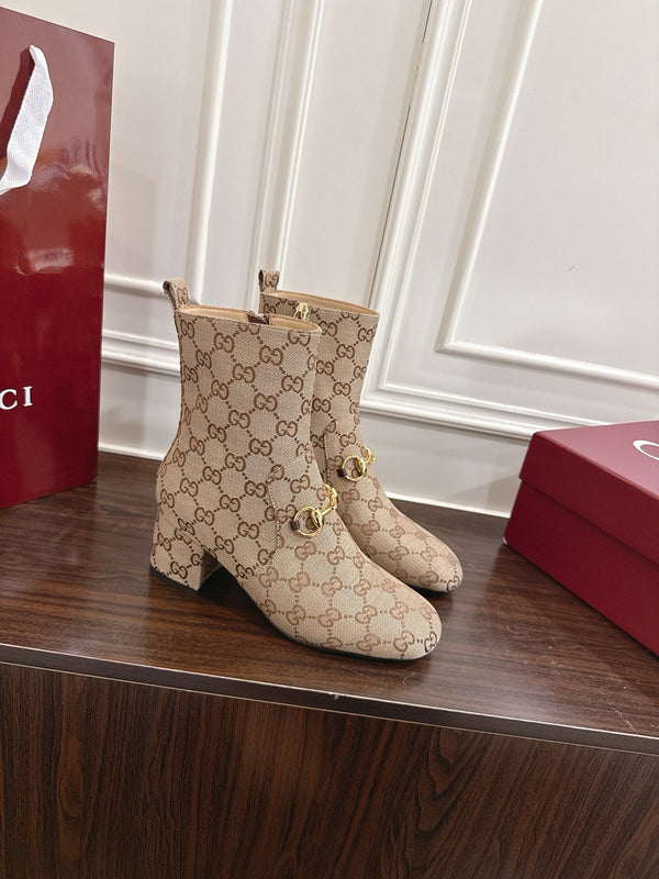 Gucci Horsebit Chunky Heel Ankle Boots Brown Beige Cowhide Fabric 490559