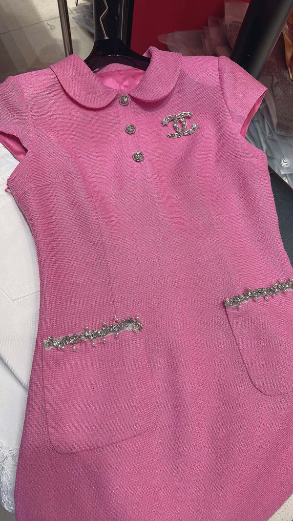 CC Doll Collar Waist Dress White Pink Cotton