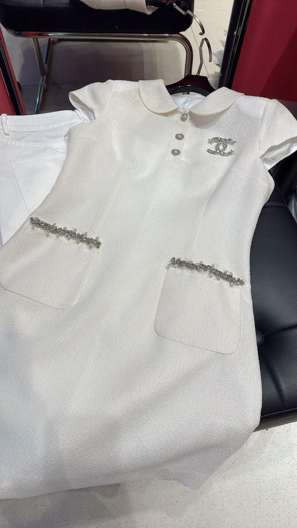 CC Doll Collar Waist Dress White Pink Cotton