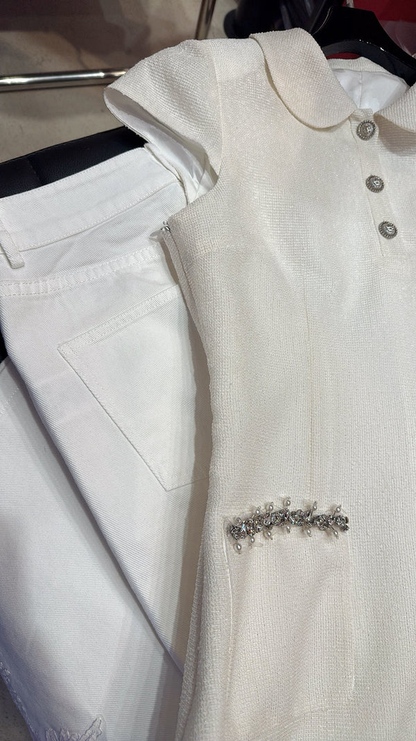 CC Doll Collar Waist Dress White Pink Cotton