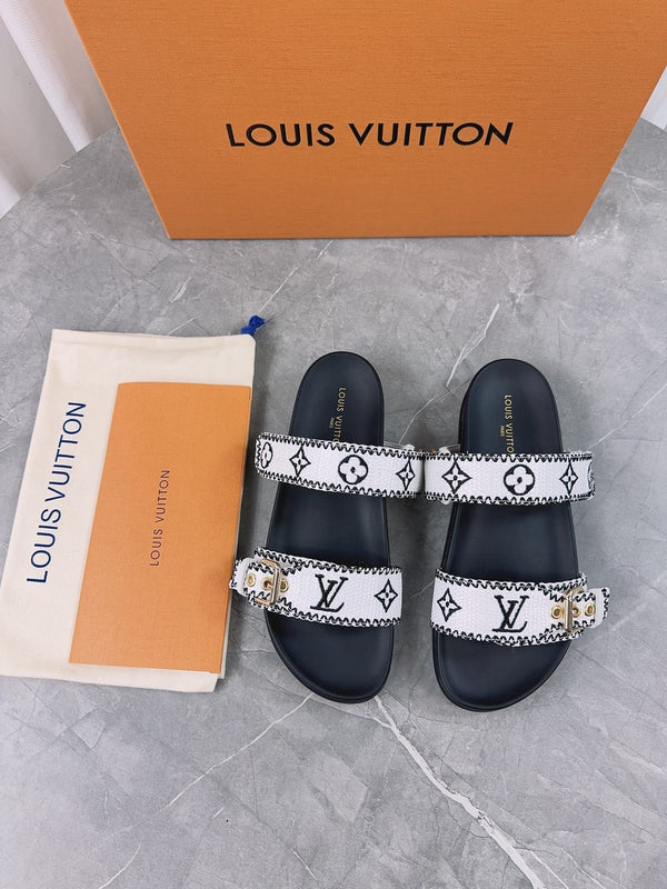 LV Sandals Black Mix White Embroidered Sedge