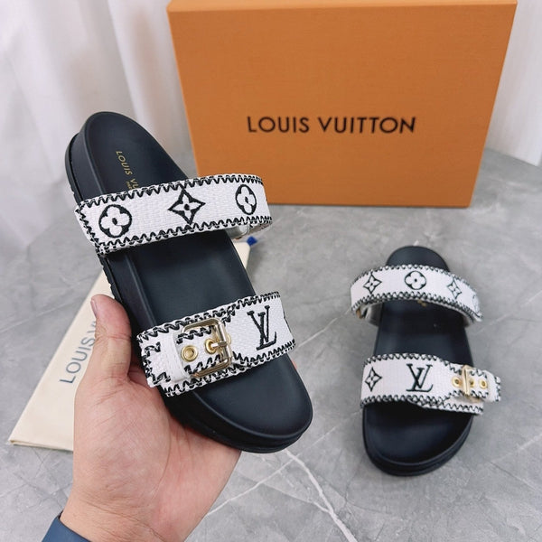 LV Sandals Black Mix White Embroidered Sedge