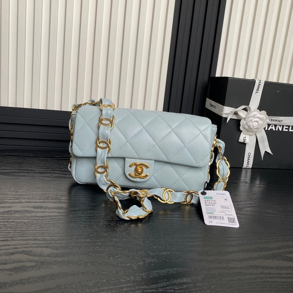 CC 24K Mini Flap Bag 21cm Cloud Blue Lambskin Gold Hardware