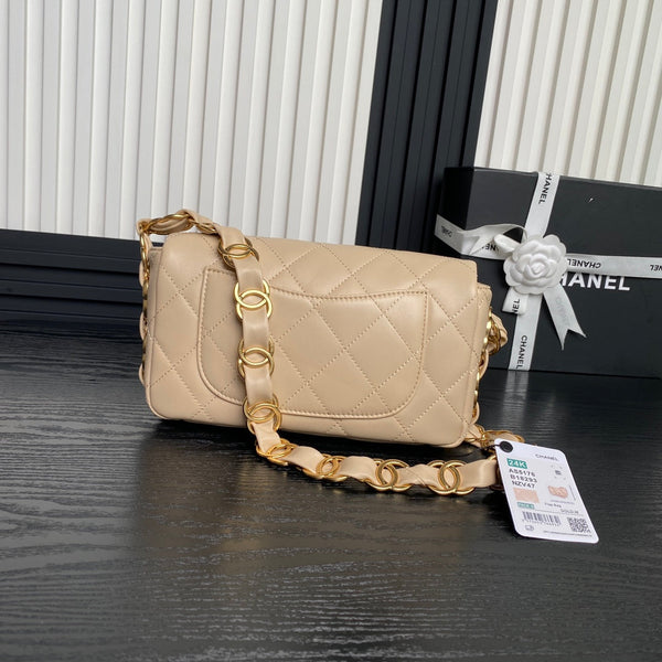 CC 24K Mini Flap Bag 21cm Beige Lambskin Gold Hardware
