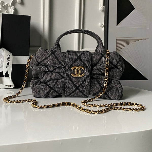 Chanel 25K Bow Bag Dark Gray Gold Denim Leather 295188