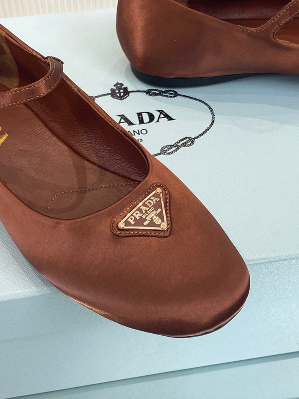 PRA NAPPA MARY JANE FLAT BROWN SATIN