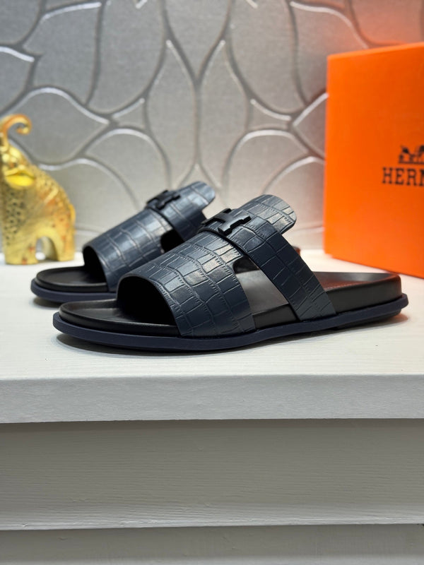 HM Oran H Noir Buckle Slippers in Navy Blue Cowhide 735240