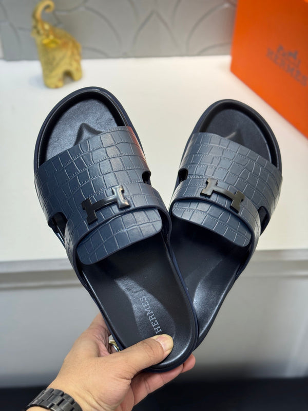 HM Oran H Noir Buckle Slippers in Navy Blue Cowhide 735240