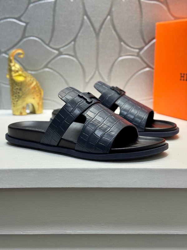 HM Oran H Noir Buckle Slippers in Navy Blue Cowhide 735240