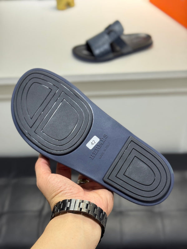 HM Oran H Noir Buckle Slippers in Navy Blue Cowhide 735240