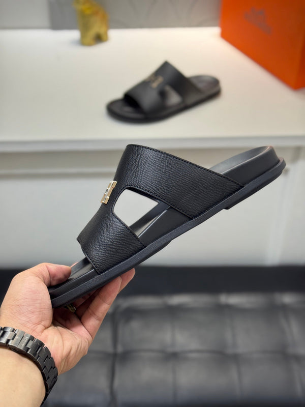 HM Oran H Black Gold Buckle Slippers in Black  Cowhide 735254