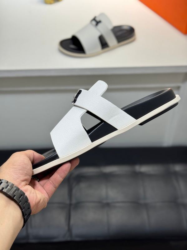 HM Oran H Noir Buckle Slippers in White  Cowhide 735256